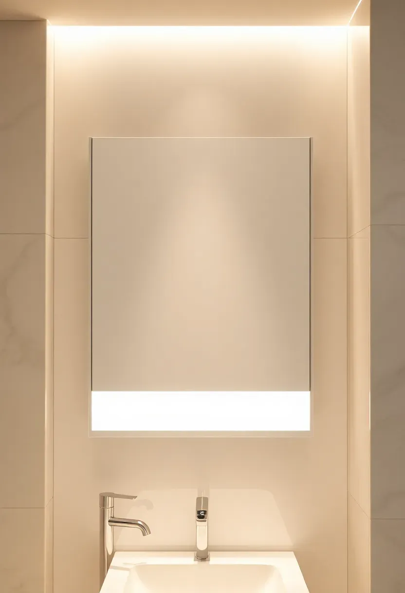 Recessed medicine cabinet flush with bathroom wall with integrated LED perimeter lighting for seamless storage in a modern luxury bathroom