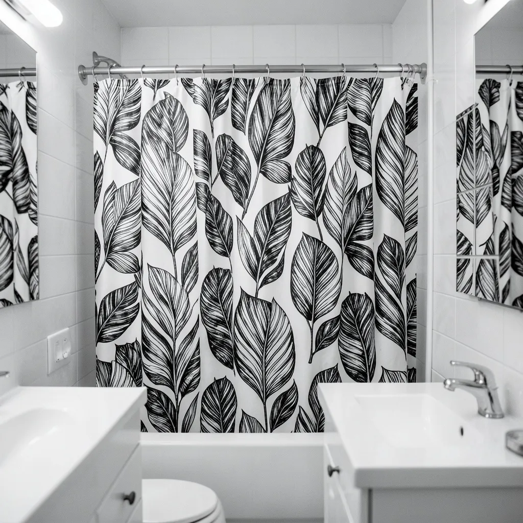Bold black and white botanical leaf shower curtain as focal point