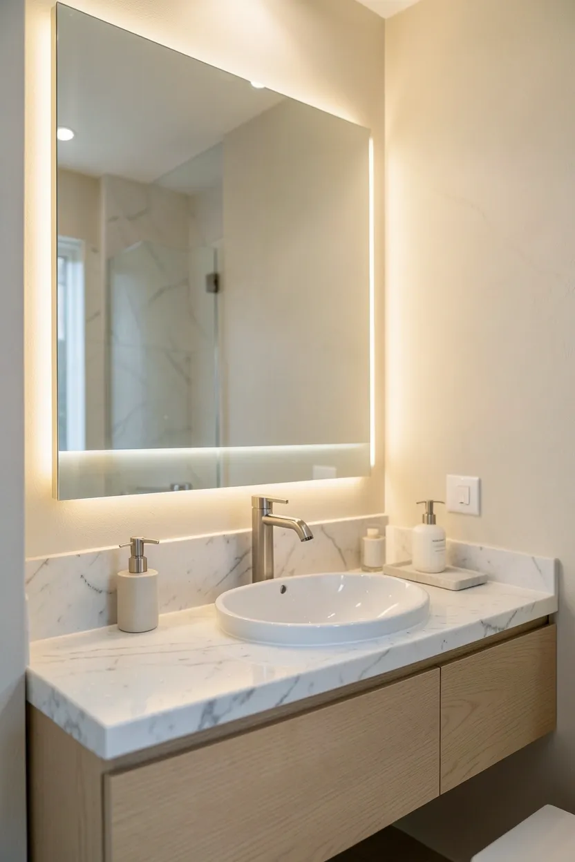 Large rectangular backlit mirror with dimmable warm LED glow above a sleek floating vanity in a calm bathroom