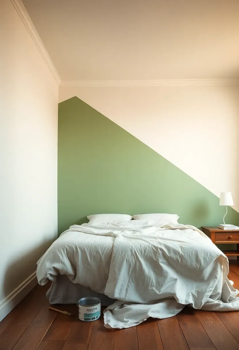 Bedroom accent wall freshly painted in sage green behind a bed with a small brush and paint tin on the floor