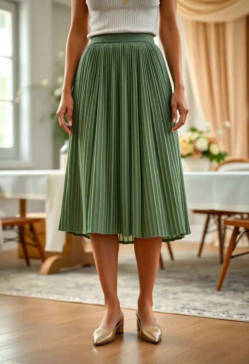 woman in a sage green pleated midi skirt and cream ribbed knit top standing near a decorated table at a baby shower