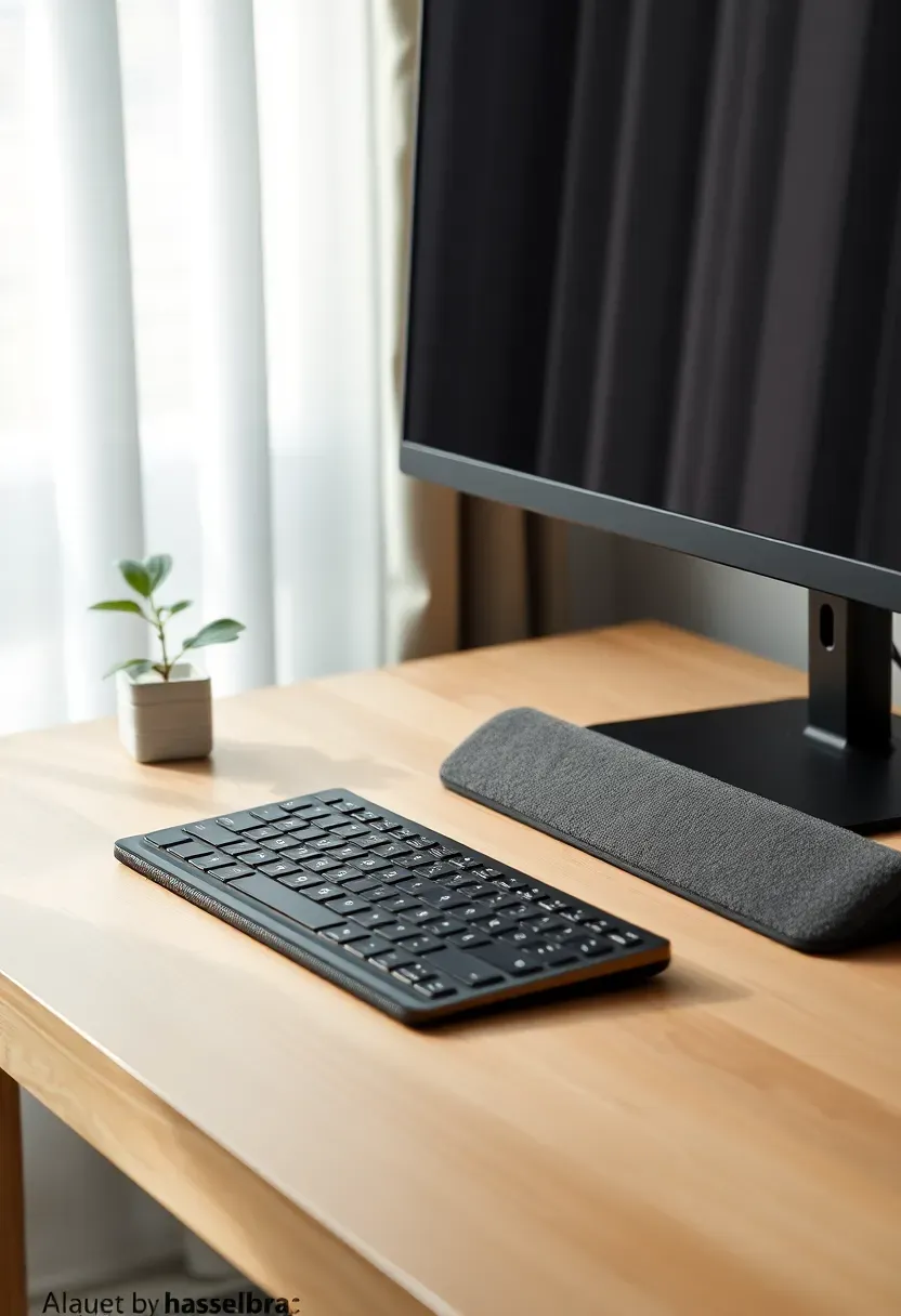 Ergonomic memory foam wrist rest pad in charcoal gray on a desk next to a keyboard and monitor