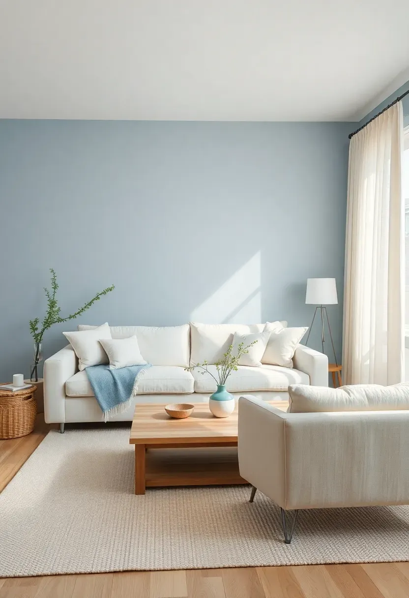 Hyper-realistic wide shot of a minimalist living room with powder blue walls, cream sofa, cream wool area rug, and light oak coffee table. Materials: matte powder blue paint with gray undertones, cream linen upholstery, cream wool rug, light oak wood, cream linen curtains. Bright natural daylight, soft shadows, fresh and cozy atmosphere. Clean minimalist composition, sharp contrast between blue and cream, no clutter, no text, no logos.</p>