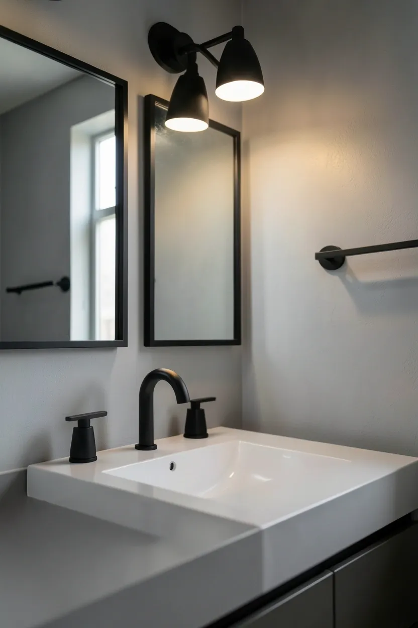 Grey bathroom with matte black faucets, towel bars, and cabinet pulls for bold modern contrast