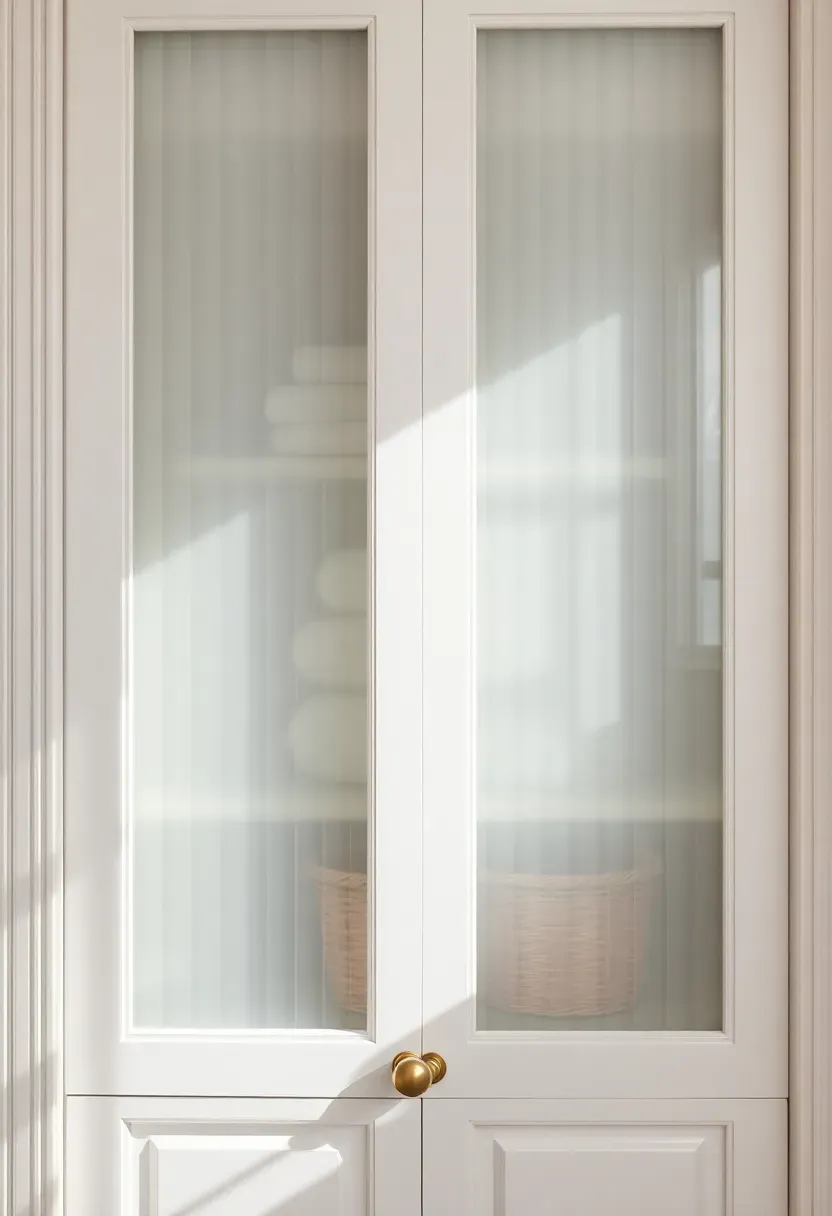 Bathroom linen closet with frosted glass paneled doors revealing softly diffused silhouettes of folded towels and baskets inside