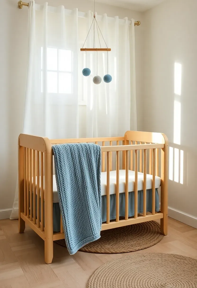 scandinavian boy nursery with light birch furniture muted blue textiles and simple mobile
