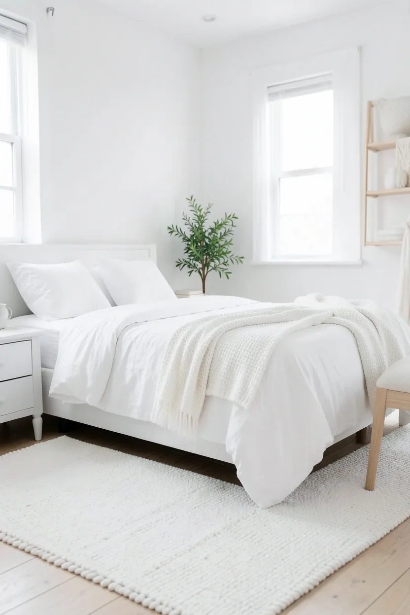Monochrome boho bedroom in layered cream and ivory tones with linen, jute, velvet, and wooden textures creating depth without color