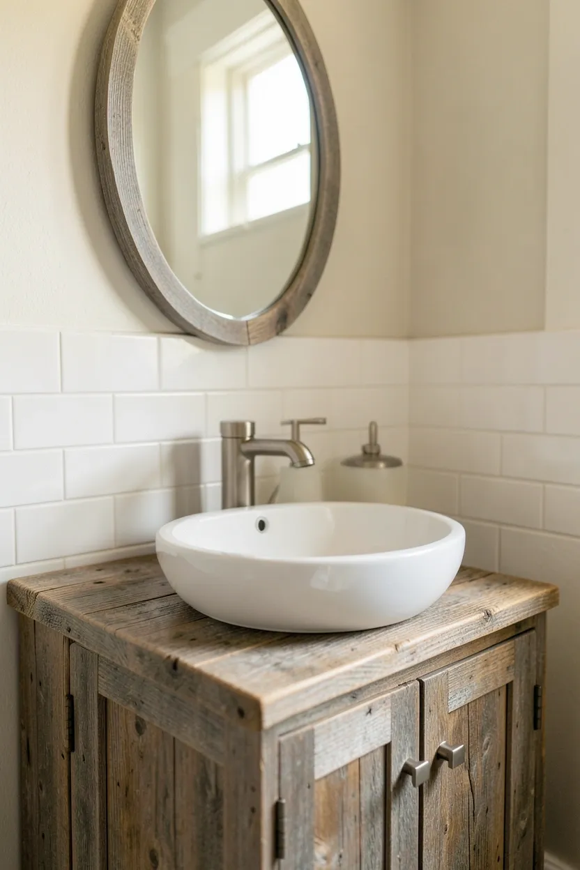 Reclaimed wood mirror frame with weathered amber and brown tones in a rental apartment bathroom, renter-friendly adhesive installation