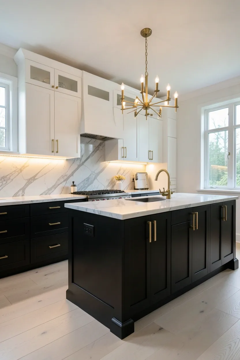 Warm white LED under-cabinet lighting casting a soft glow on grey-veined marble countertop with dark charcoal cabinets in a bold luxury kitchen