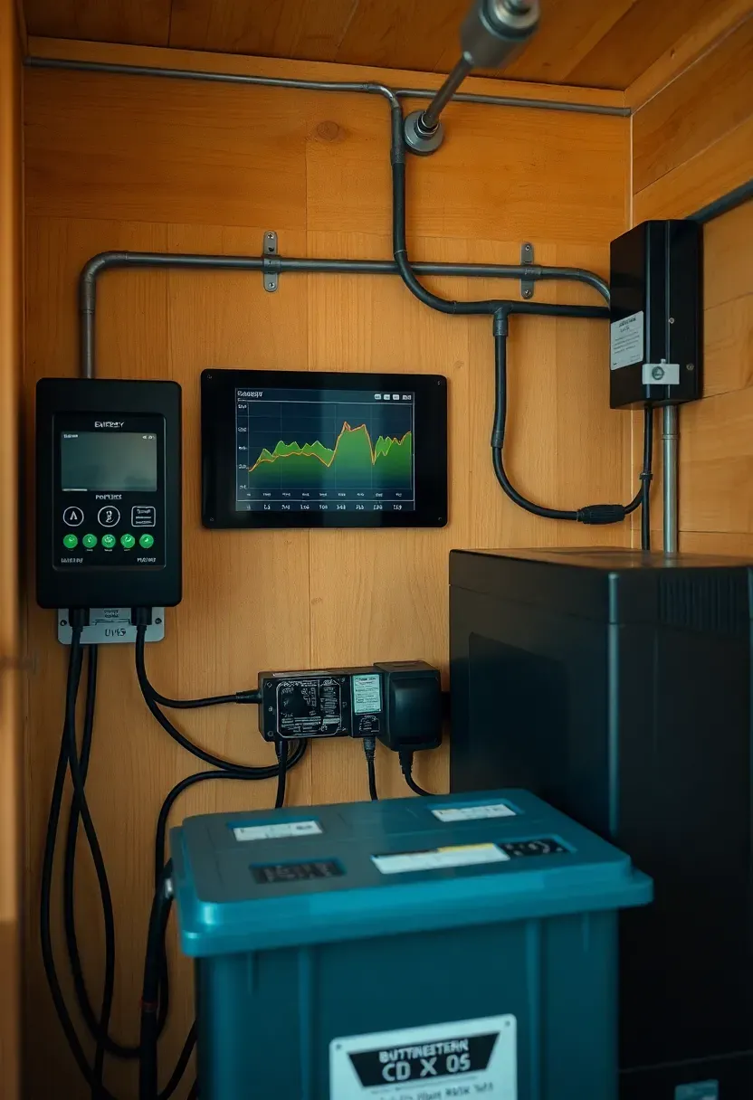 Hyper-realistic 3/4 view of a tiny house utility space showing energy monitoring display panel with colorful graphs, battery bank, and inverter. Materials: digital display with real-time data, lithium batteries, black inverter, conduit and wiring. LED indicator lights, technical monitoring equipment. Smart energy management, off-grid technology. Shallow depth of field, cables and components visible. No text, no logos.</p>
