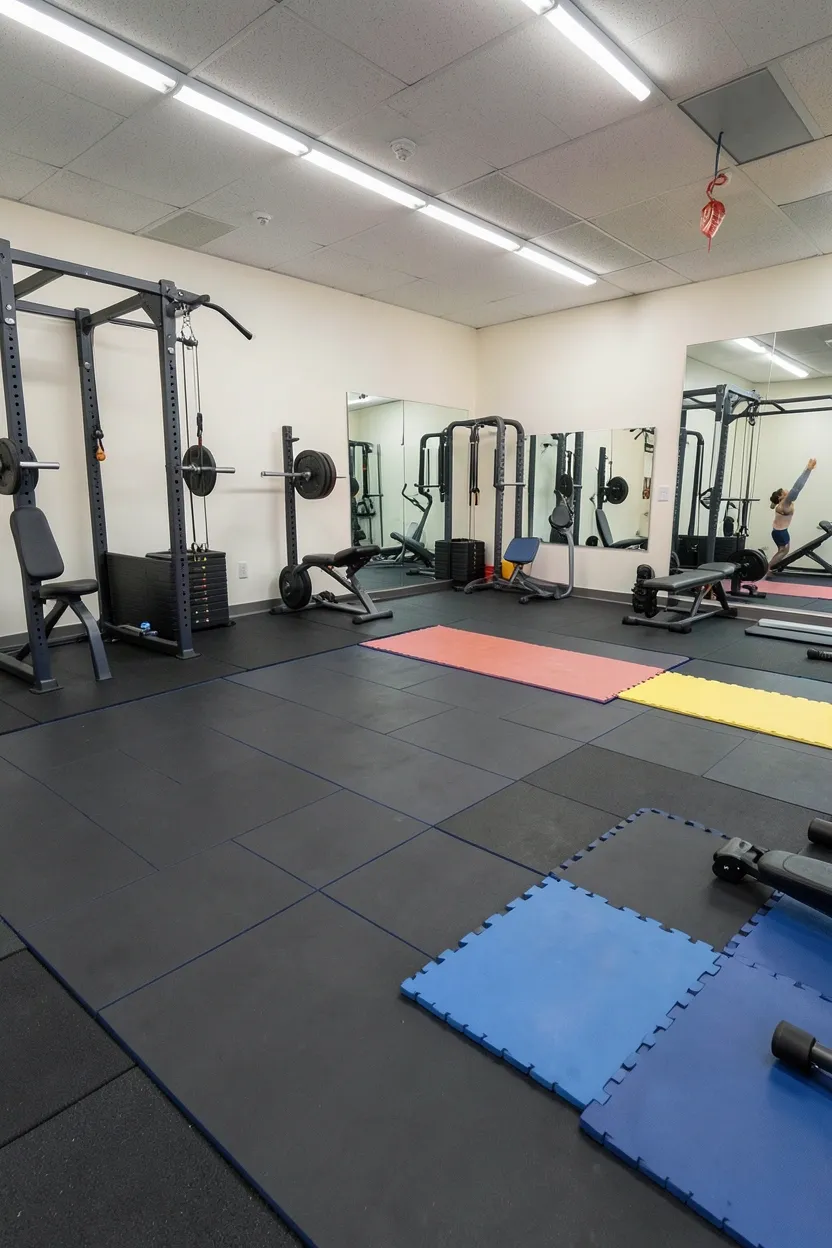 Multiple gym mat zones in a home workout space showing rubber lifting platform, foam stretching area, and turf strip