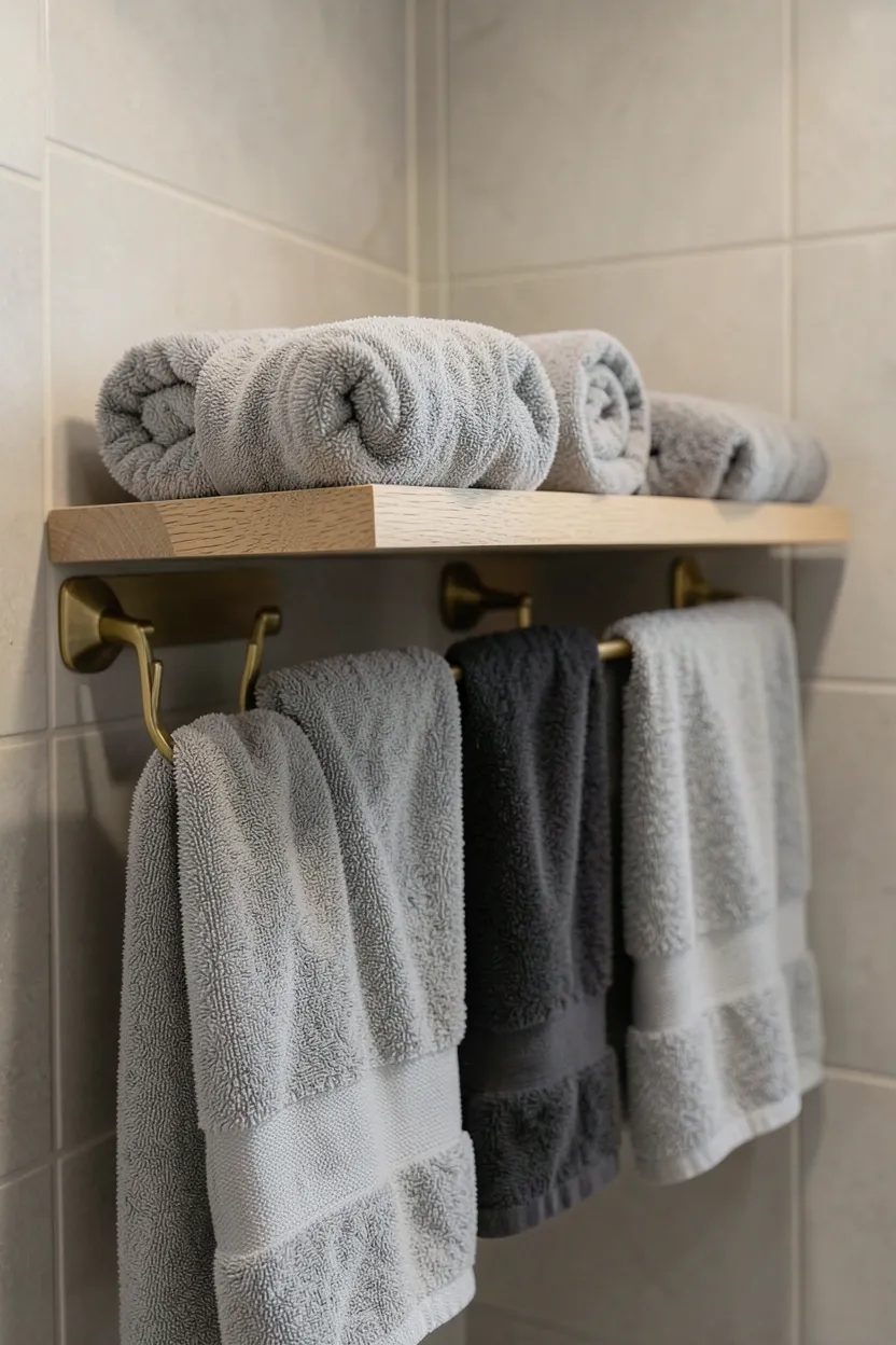 Monochromatic towel display in warm white and oat tones — rolled and stacked bath and hand towels on open shelves in a small rental bathroom