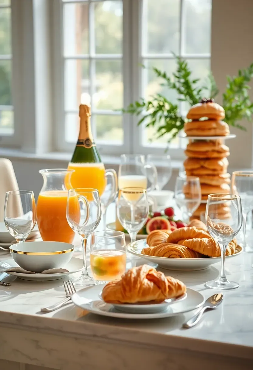 sip and see baby shower brunch setup with mimosa bar, pastry tower, fresh fruit platters, and elegant table settings in morning light
