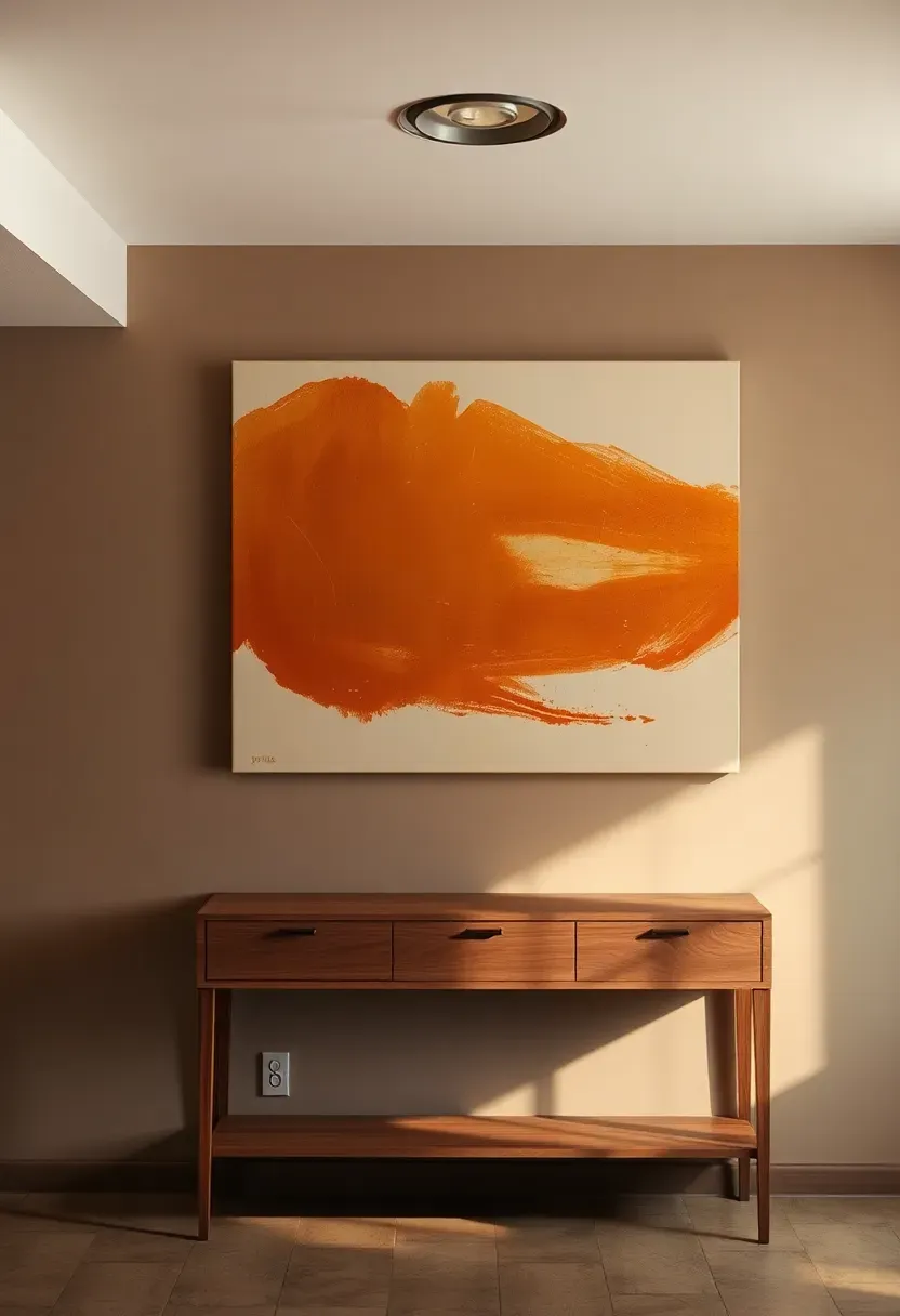 Large canvas wall art with abstract earth-tone brushstrokes mounted on a basement accent wall above a low console table