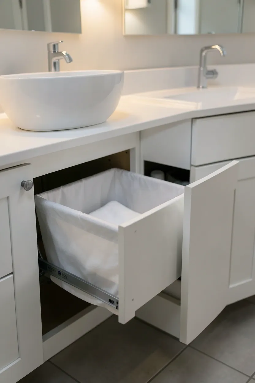 Built-in laundry hamper integrated into bathroom vanity cabinetry keeping floor space clear in a small bathroom