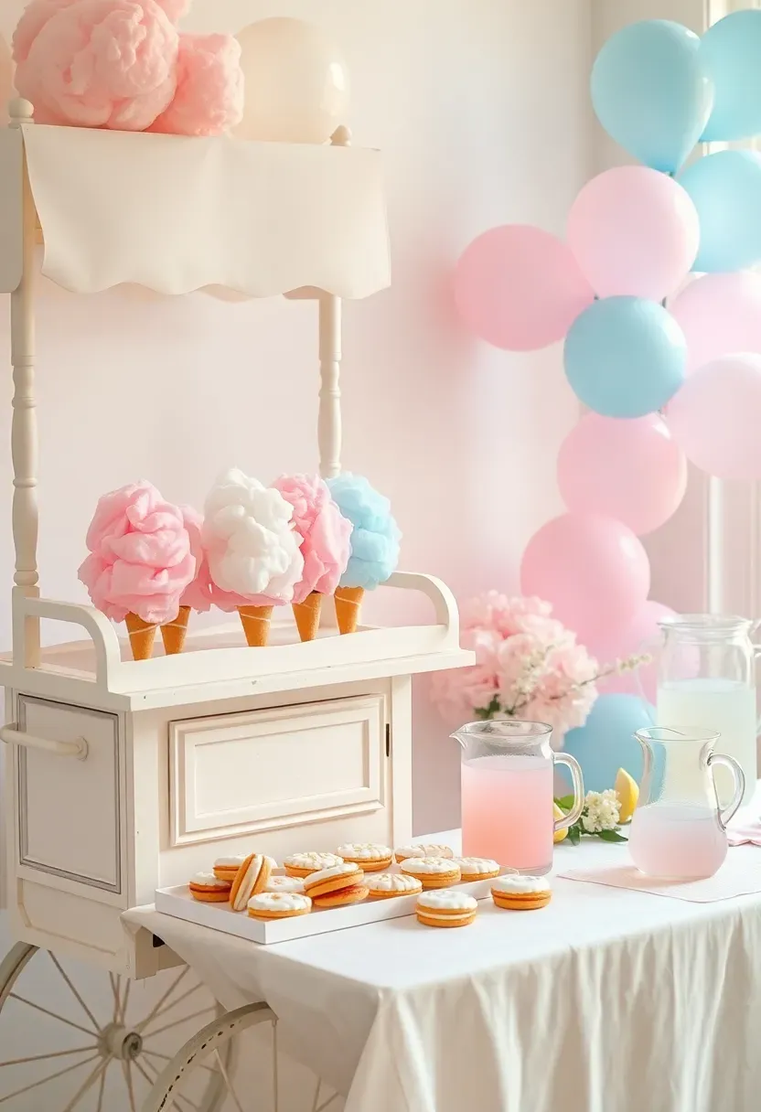 cotton candy pastel dessert bar with pink blue and lavender treats at baby shower
