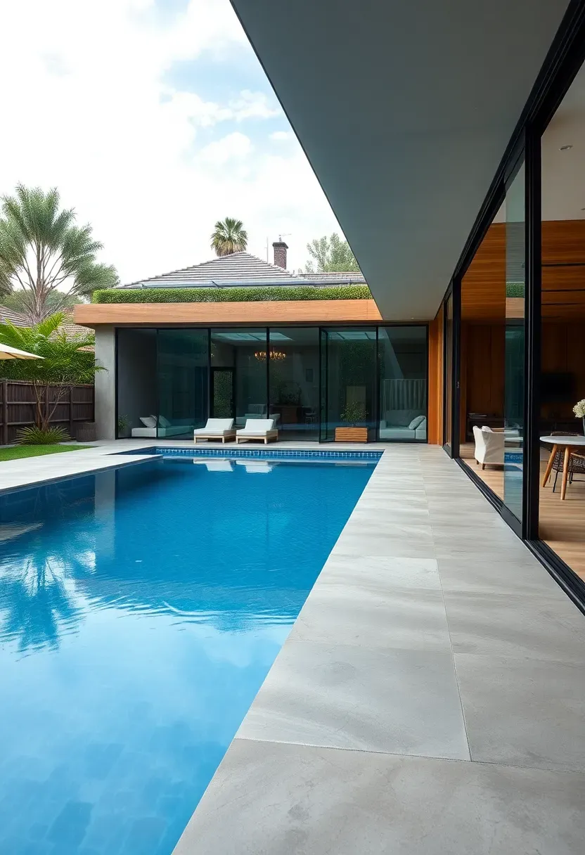 Indoor-outdoor pool with retractable glass wall connecting living space to patio