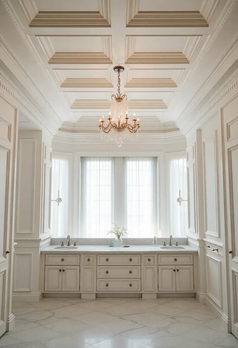 Elegant white coffered ceiling in a spacious master bathroom with marble vanity and chandelier