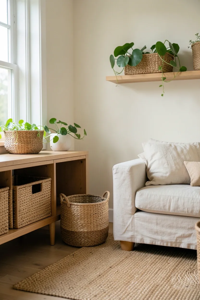 Warm brass plug-in wall sconces mounted on either side of a sofa providing soft layered lighting in a small rental living room