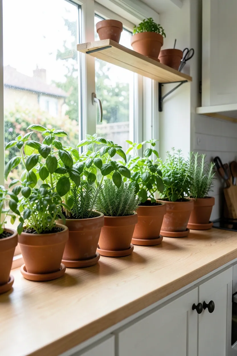 Hyper-realistic eye-level photograph of a boho kitchen with a built-in herb garden at a large window. The window sill features multiple terracotta pots with fresh herbs including basil, rosemary, and thyme. The herbs have lush green foliage. Above, a small shelf holds additional pots and garden tools. The window has natural light streaming in, illuminating the plants. Below the sill, light wood countertop and white cabinets. Materials: terracotta pots, live herbs, light oak, white painted wood. Fresh and organic boho mood. Sharp focus on the plant foliage and pot details. No text, no logos, no watermarks.</p>