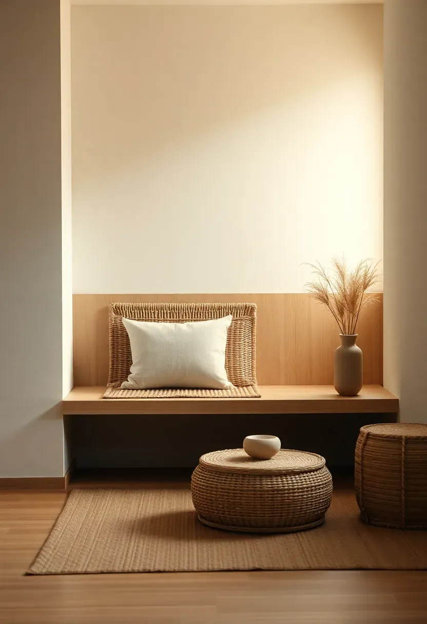 Built-In Bench Niche with Natural Fiber Texture