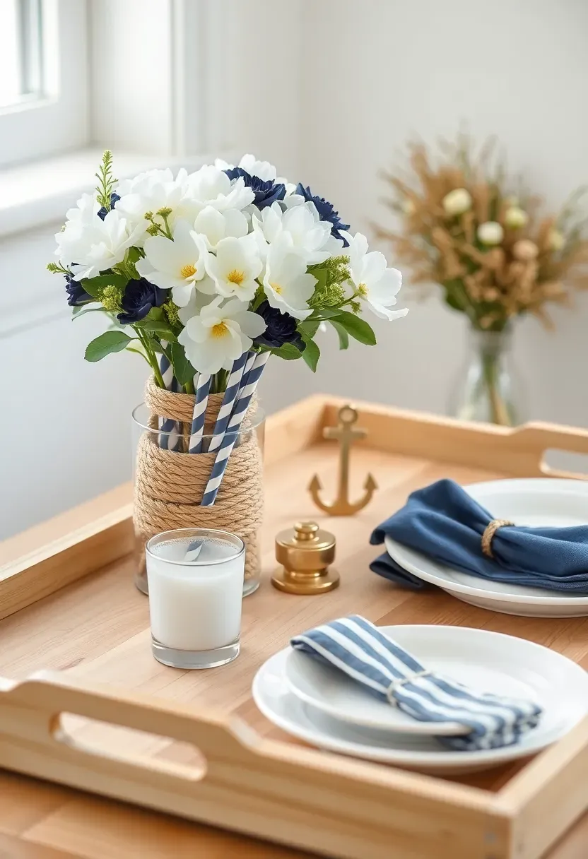 nautical anchor baby shower table with rope centrepiece, brass anchor ornament, and navy striped napkins