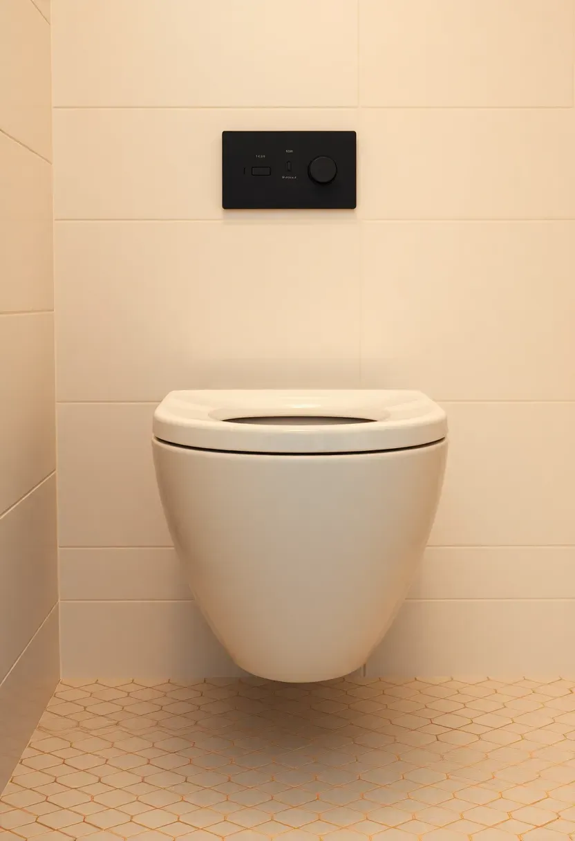 Hyper-realistic front angle of wall-mounted white toilet with hidden tank, wall-mounted actuator panel in matte black, white hex floor tiles continuing beneath, white wall tiles. Materials: glossy white porcelain, matte black metal actuator plate, white hex tiles, white wall tiles. Warm soft diffused light, creamy neutrals with crisp black detail. Clean modern mood, sharp focus on toilet profile, soft shadows. Vertical 2:3 framing. No logos.</p>