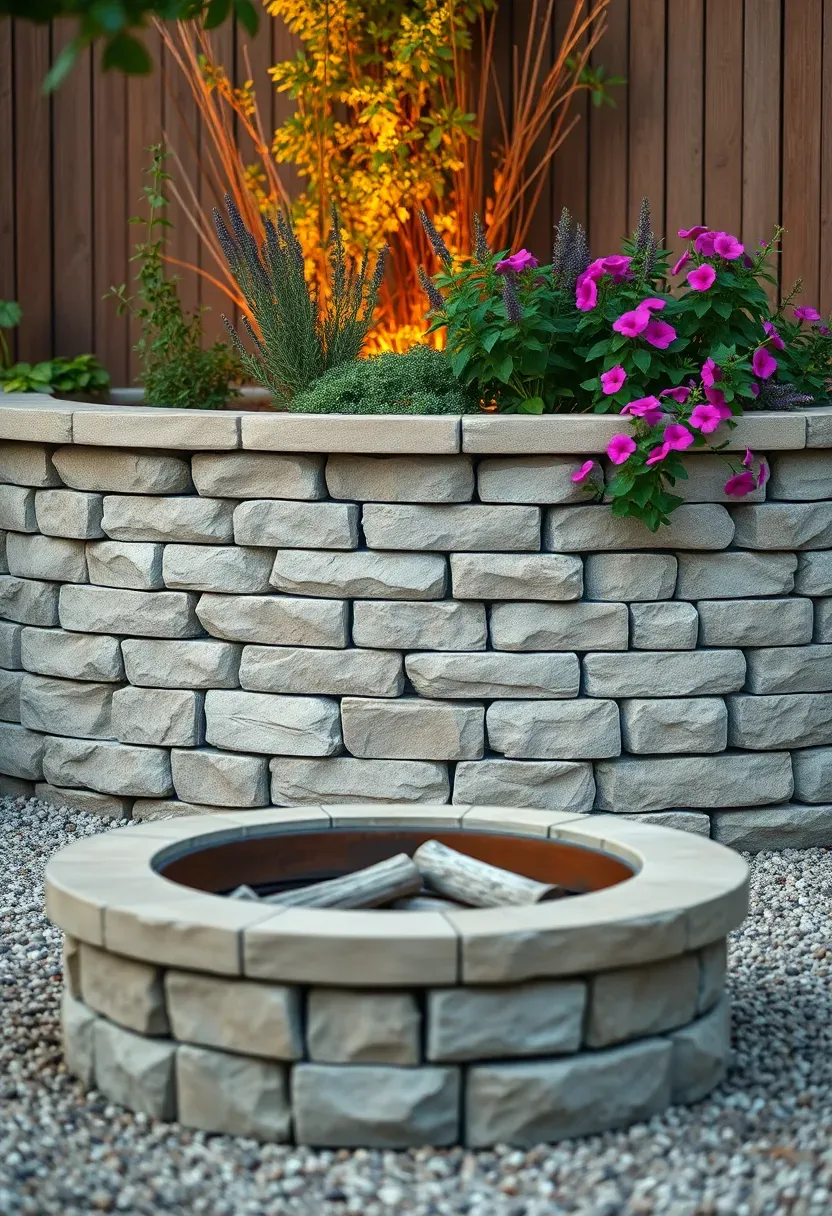 A raised stone planter wall curving around a fire pit with herbs and flowers growing in the planter