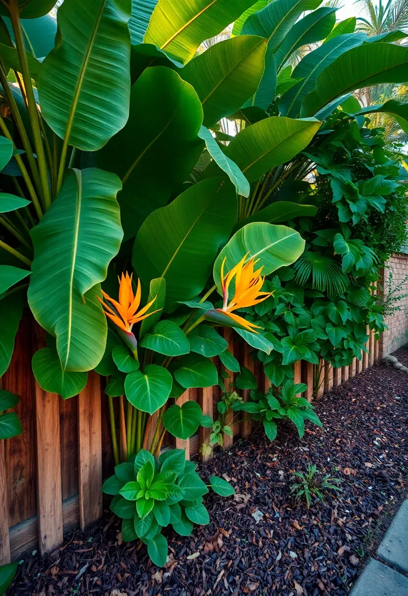 Dense tropical border planting with banana leaves, bird of paradise, and elephant ears creating a lush backyard oasis privacy screen