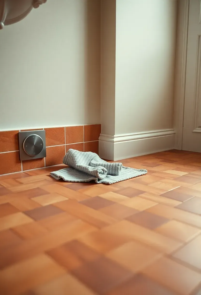 heated bathroom floor tiles in herringbone pattern with warm tones