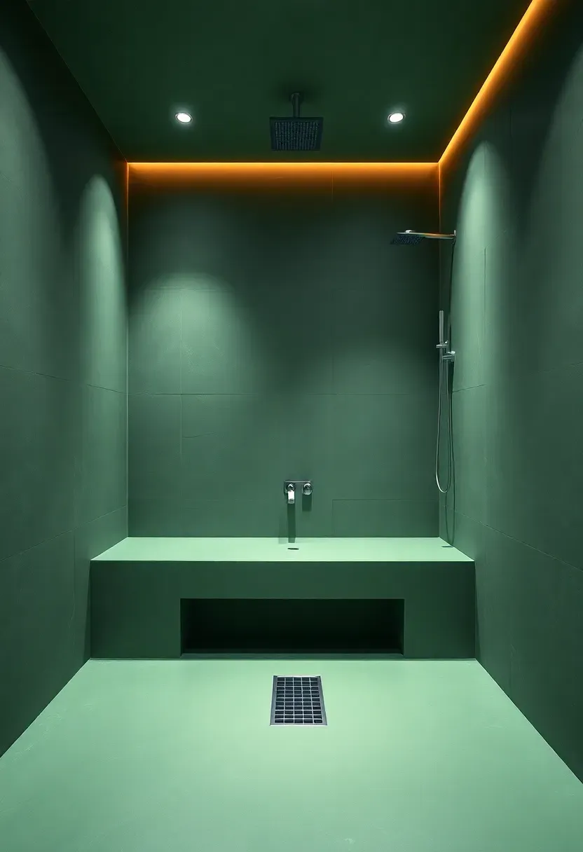 Green-tinted concrete wet room with built-in bench, linear drain, and wall-mounted rainfall shower