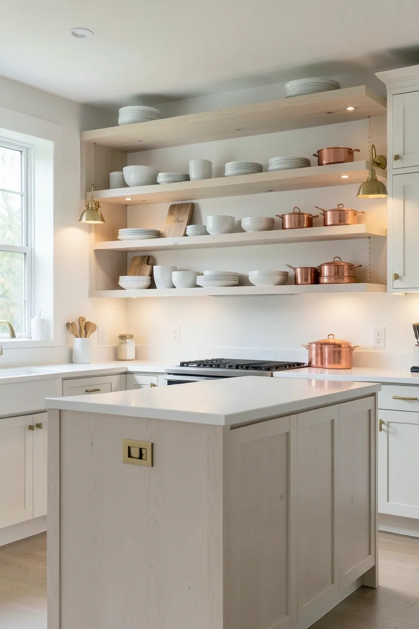 Hyper-realistic wide shot of a modern kitchen with white oak open shelving. Floating white oak shelves installed at varying heights above countertop. Shelves display white ceramic dishes in varying sizes, wooden cutting boards leaning, and copper pots stacked neatly. White oak shaker cabinets below provide seamless backdrop. Brass hardware throughout. Large island in same white oak with waterfall edge. Warm ambient lighting from brass sconces highlights shelving display. Natural light from windows. Clean organized surfaces. No text, no logos, no watermarks.</p>