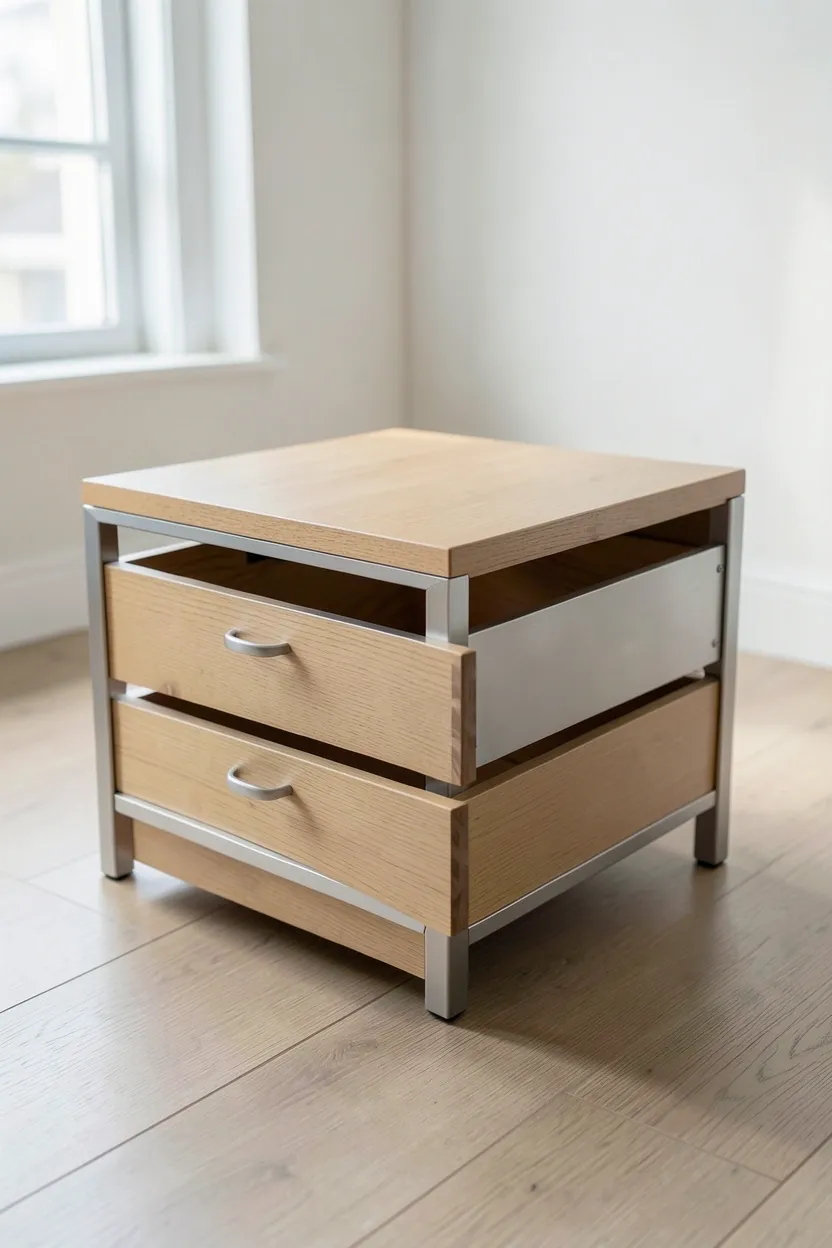 Small light oak coffee table with lower shelf storage in a compact Scandinavian rental living room