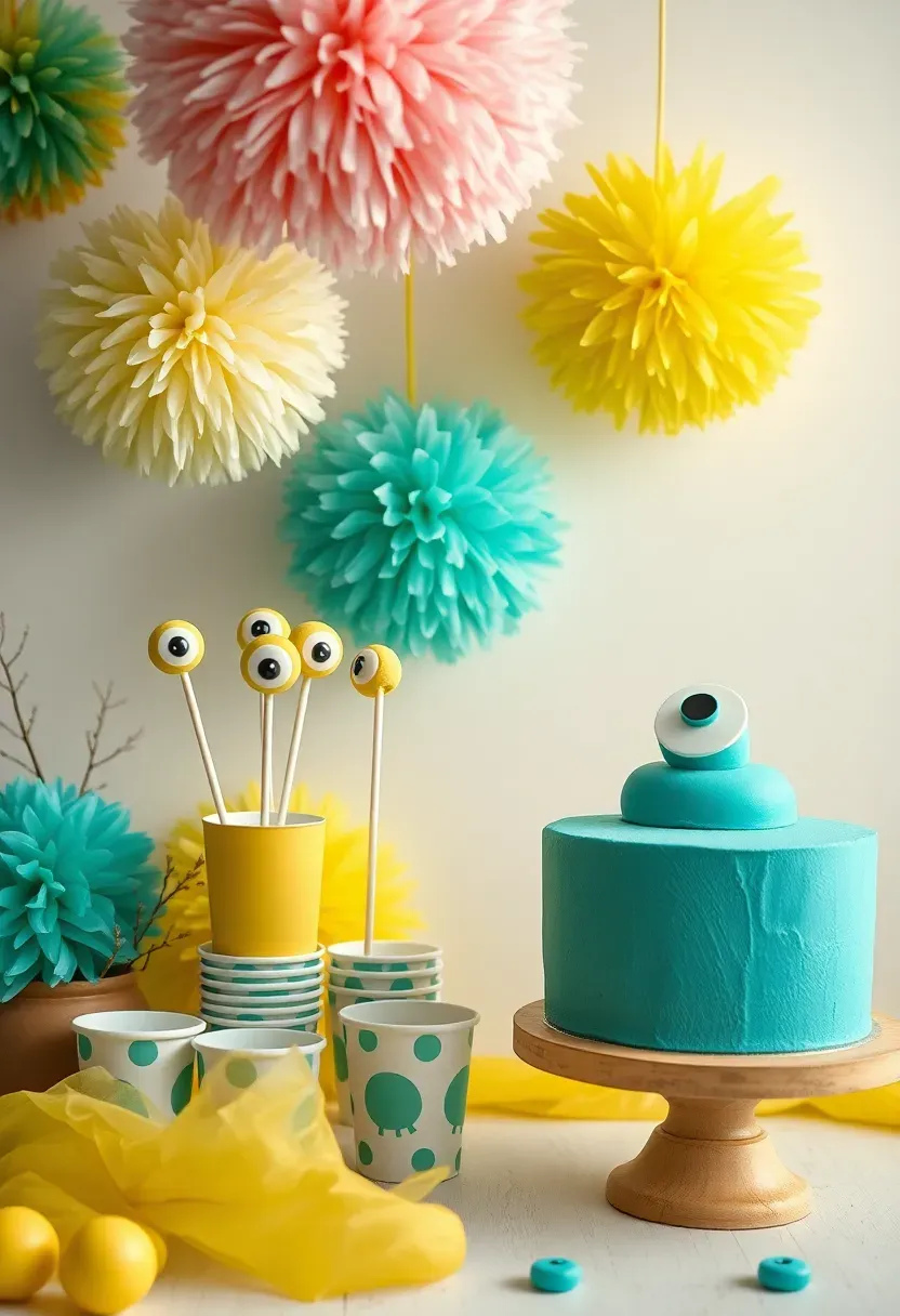 little monster baby shower party corner with yellow and teal colour scheme, monster tissue pompoms, and one-eyed fondant cake