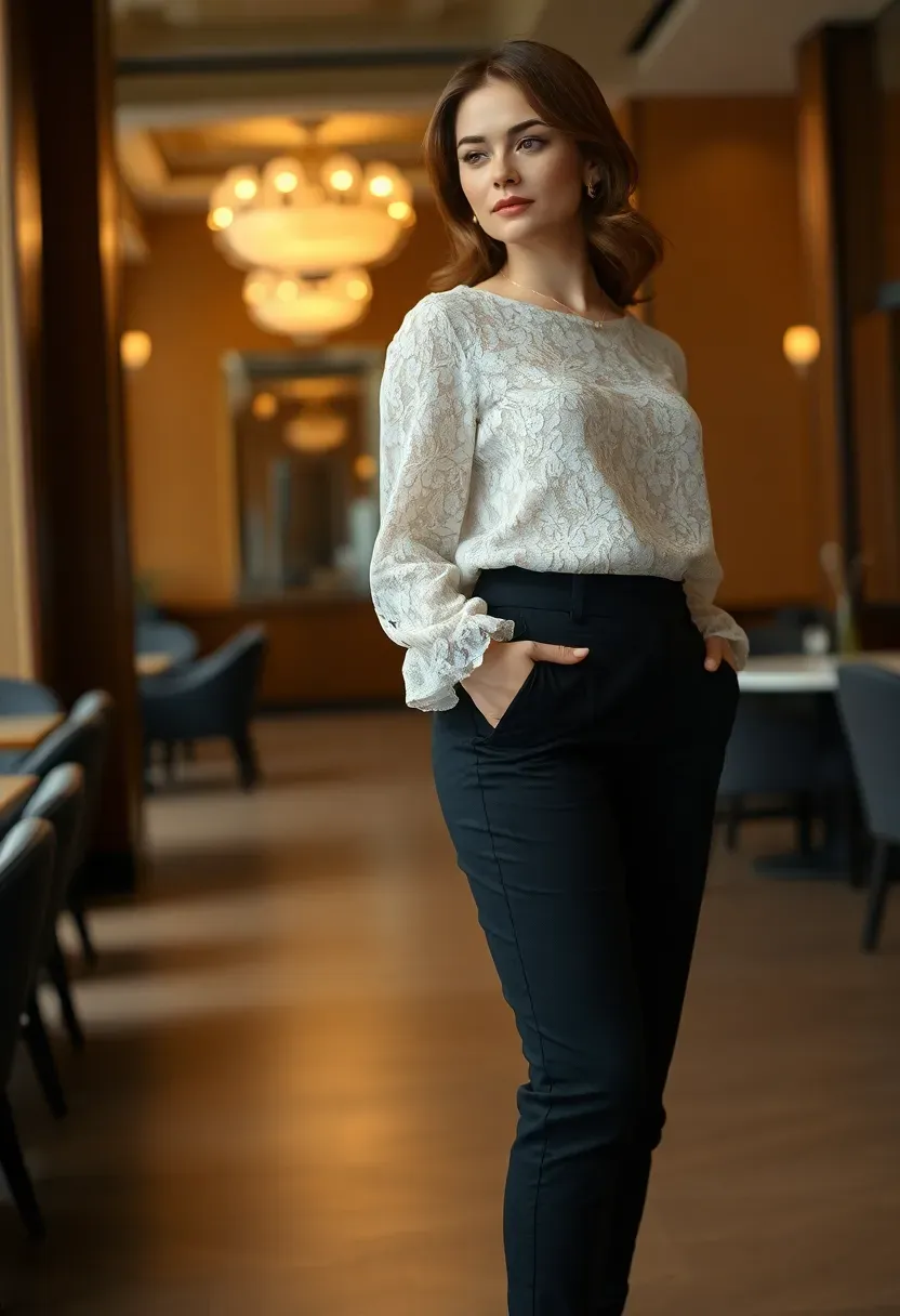 ivory lace blouse with high-waisted tailored black trousers for a refined winter shower outfit