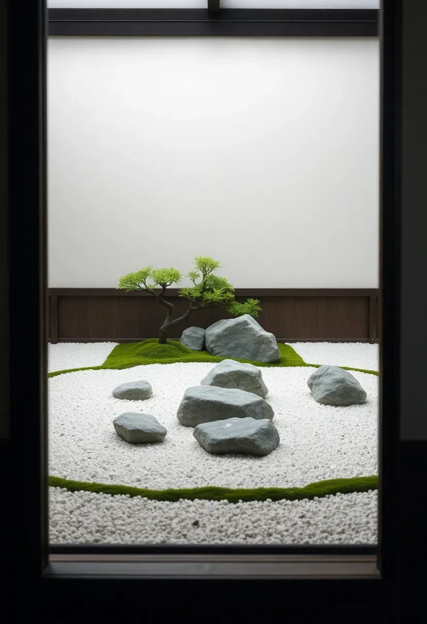 Enclosed viewing karesansui zen garden seen through a traditional shoji screen opening with raked sand, five carefully placed rocks, and a moss border