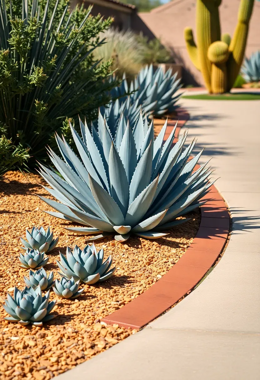 Agave accent border along an Arizona pathway with multiple agave species, decomposed granite mulch, and terracotta edging
