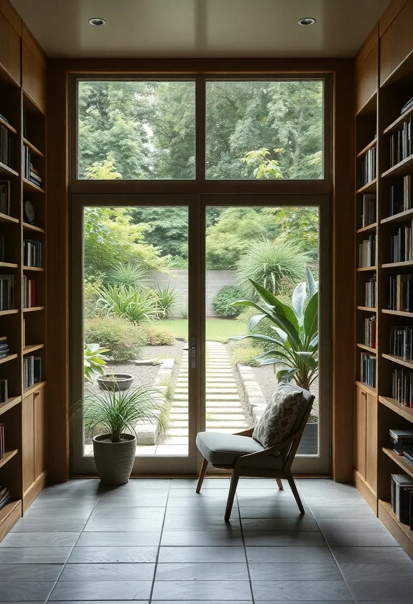 Hyper-realistic 3/4 view of a library with floor-to-ceiling glass doors opening to a garden. A comfortable reading chair faces the glass doors, taking in views of lush plantings and a stone path. Built-in bookshelves on the side walls, potted plants inside that bridge indoor-outdoor feel. The doors can slide open to merge the spaces. Materials: white oak shelving, indoor plants, stone floor extending to outdoor patio. Abundant natural light through glass doors, views of green garden. Tranquil biophilic mood like a garden room retreat. Sharp details, visible garden through glass, no clutter.</p>