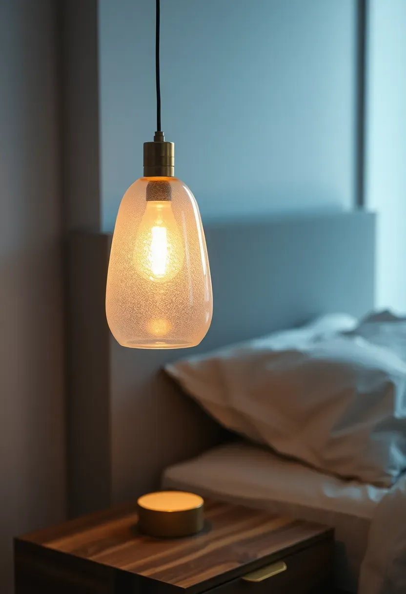 statement sculptural pendant light hanging beside a bed replacing a traditional bedside lamp in a modern bedroom