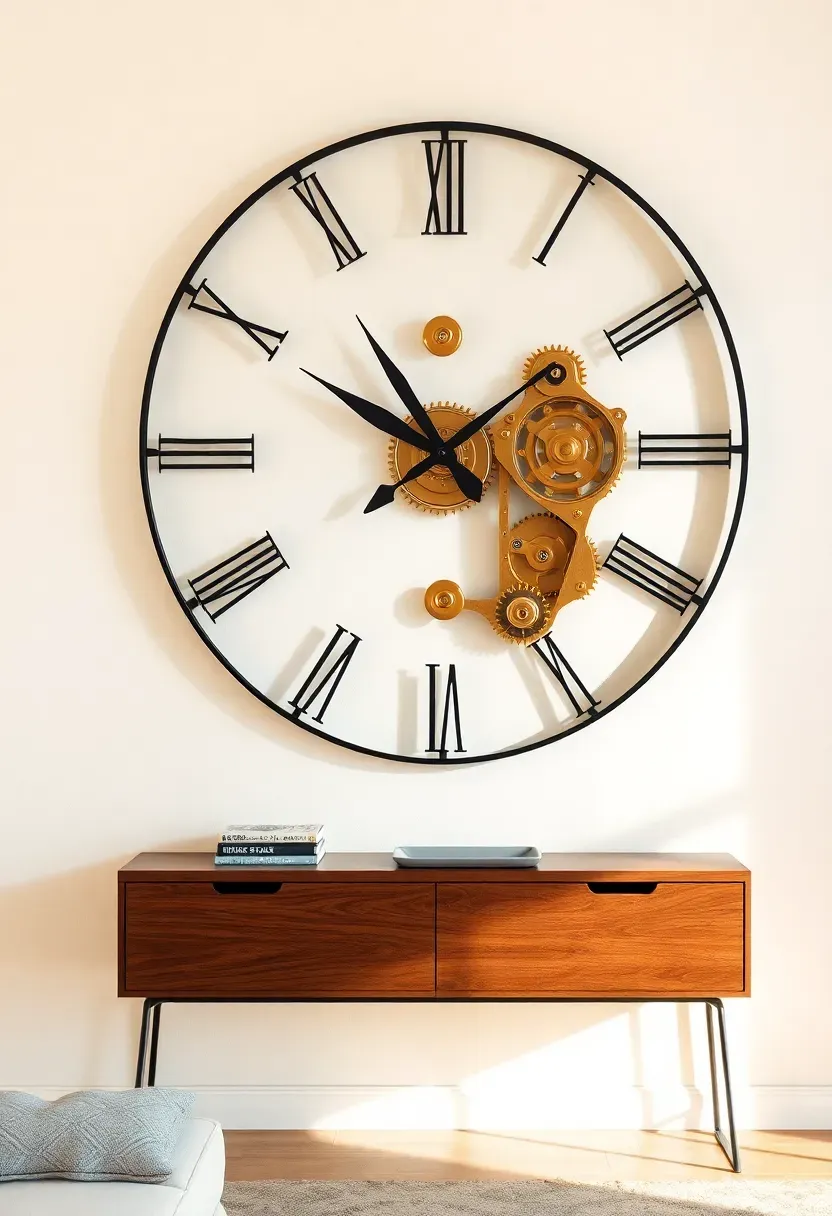 large modern wall clock with open frame design as a living room focal point