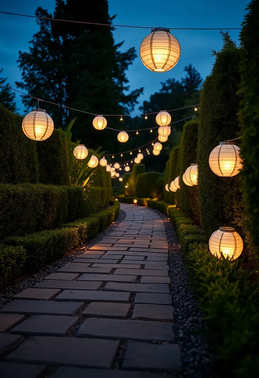 Paper lantern pathway glowing warmly along a stone garden path at a backyard engagement party in the evening, with soft warm light and lush hedges on both sides