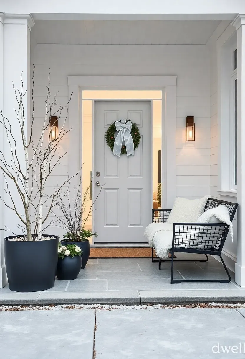 Hyper-realistic 3/4 view of a modern front porch Christmas design in all-white palette. Materials: white birch branches in matte charcoal planters, white velvet ribbon wreath on a minimalist glass-panel front door, white LED lights on birch branches, white faux fur throw draped over black porch furniture. Cool overcast winter daylight (6500K) with soft diffused lighting, large concrete pavers, white house exterior with floor-to-ceiling windows. Minimalist modern mood like Dwell magazine. Shallow depth of field, sharp texture details on birch bark and velvet, clean geometric composition. No text, no logos, no watermarks.</p>