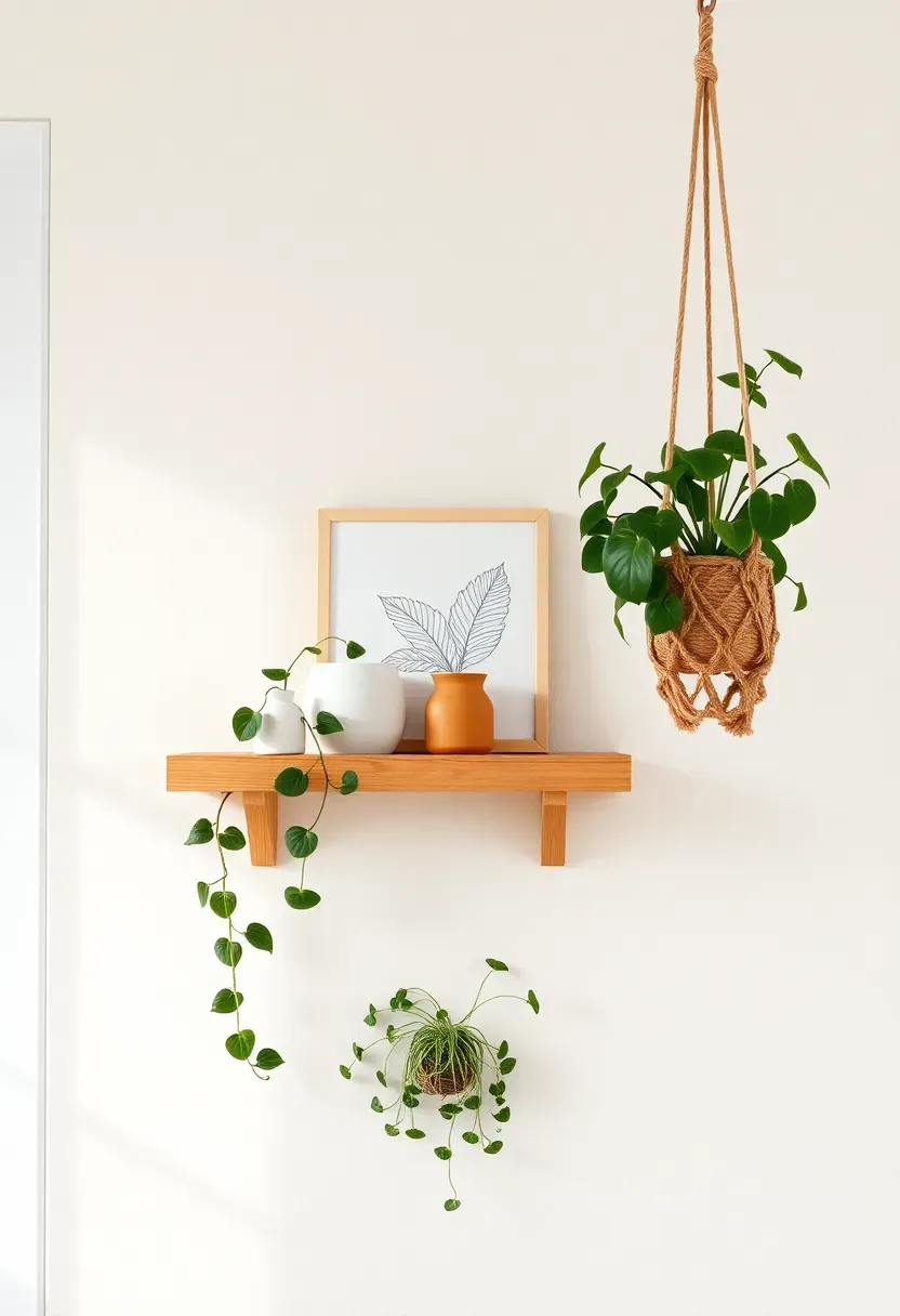 Small living room wall with a floating shelf holding a trailing pothos plant, two small ceramic vases, and a framed print, with a macrame hanging planter beside it near the ceiling
