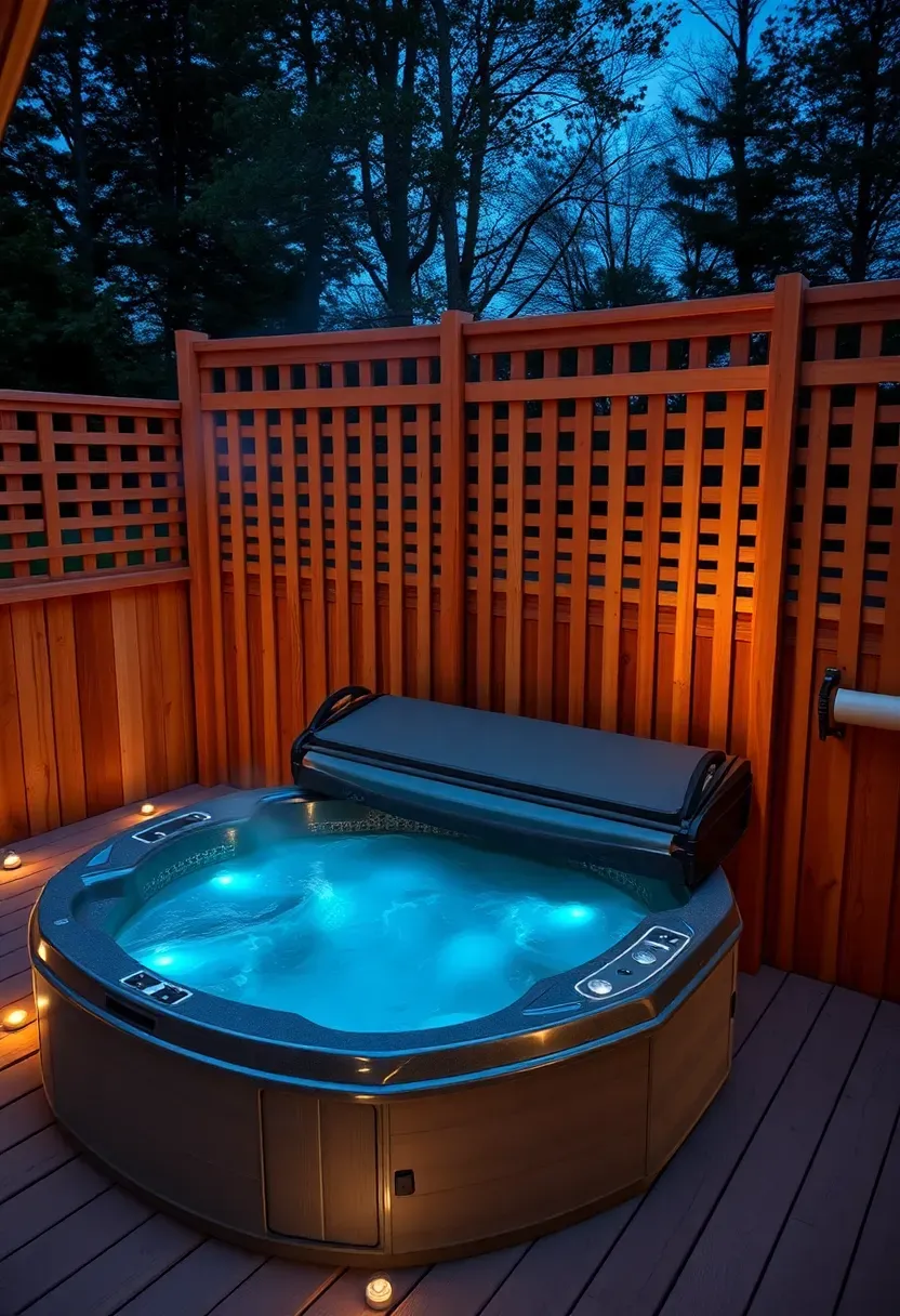 Recessed hot tub set into a composite deck with cedar lattice privacy screen and landscape lighting around it