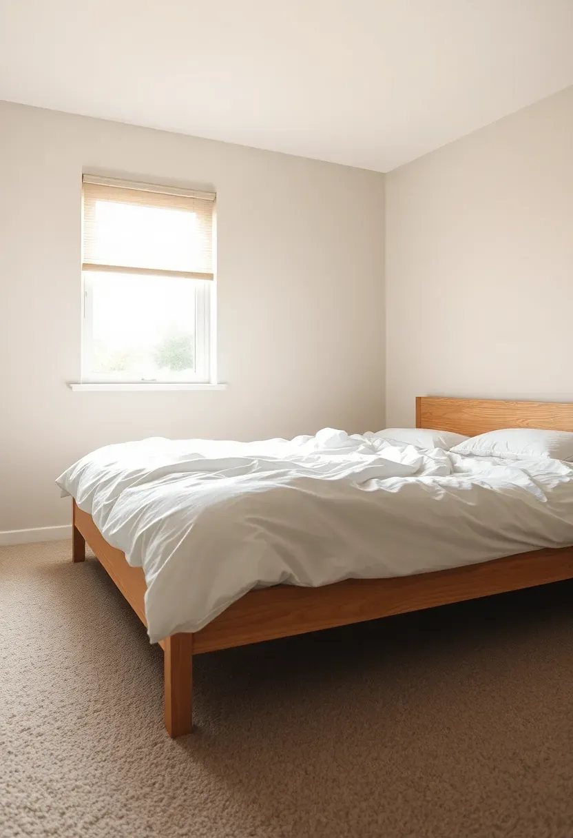 Basement bedroom with a large egress window letting in natural light, a simple bed frame, and light-colored bedding