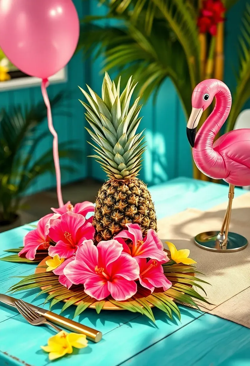 tropical luau baby shower with palm leaf plates hibiscus flower garlands tiki torches fresh pineapple centerpieces and a flamingo balloon against a turquoise backdrop