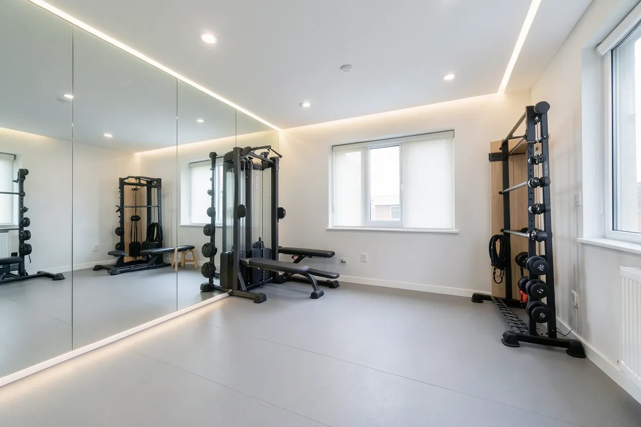Bright small gym room with floor-to-ceiling mirrors, light walls, wall-mounted equipment rack, and rubber flooring — space-saving home gym for renters