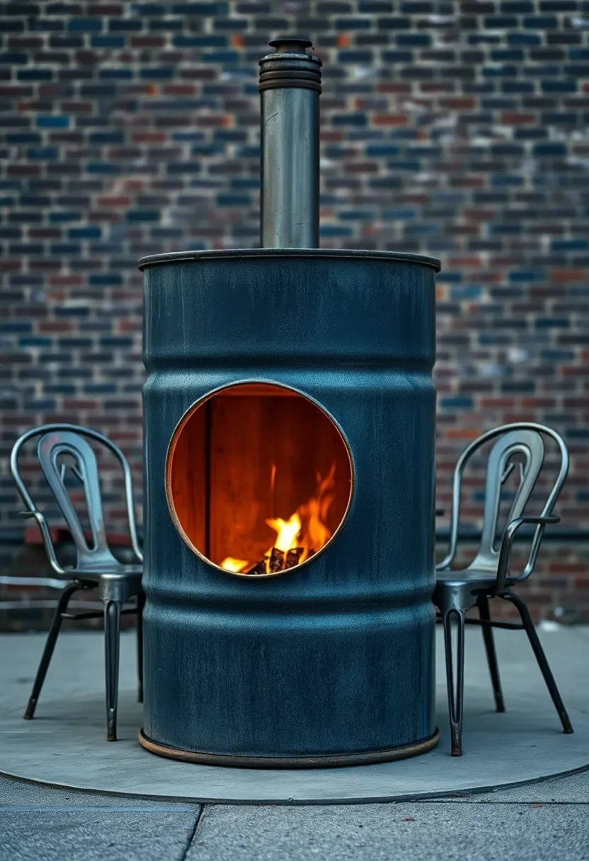Hyper-realistic 3/4 view of a repurposed metal drum firepit showing a modified 55-gallon steel drum standing upright with a circular cut fire opening in the side, glowing fire visible inside, with a metal chimney pipe extending upward, surrounded by four mismatched vintage metal chairs. Materials: weathered corrugated steel drum with visible rivets and slight rust patina, steel pipe chimney, assorted vintage metal seating, concrete pad surface, brick wall visible behind. Evening lighting with warm fire glow emanating from cut opening and chimney pipe top, creating industrial salvage atmosphere. Visible welding seams and metalwork details. Urban salvage aesthetic, industrial chic mood. Shallow depth of field emphasizing drum texture foreground with chairs and brick wall context beyond. No text, no logos, no watermarks.</p>