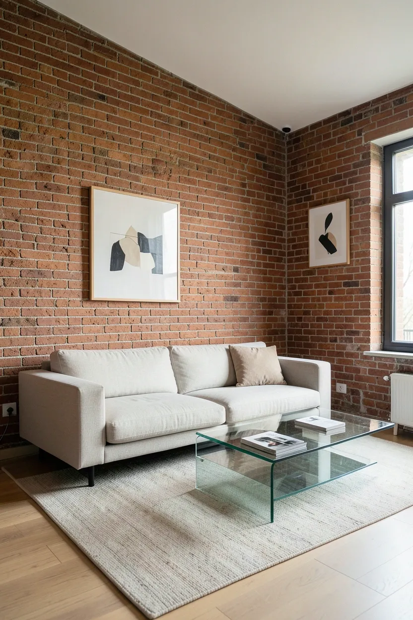 Exposed warm-red brick accent wall behind a low-profile modern sectional in a cozy rental living room