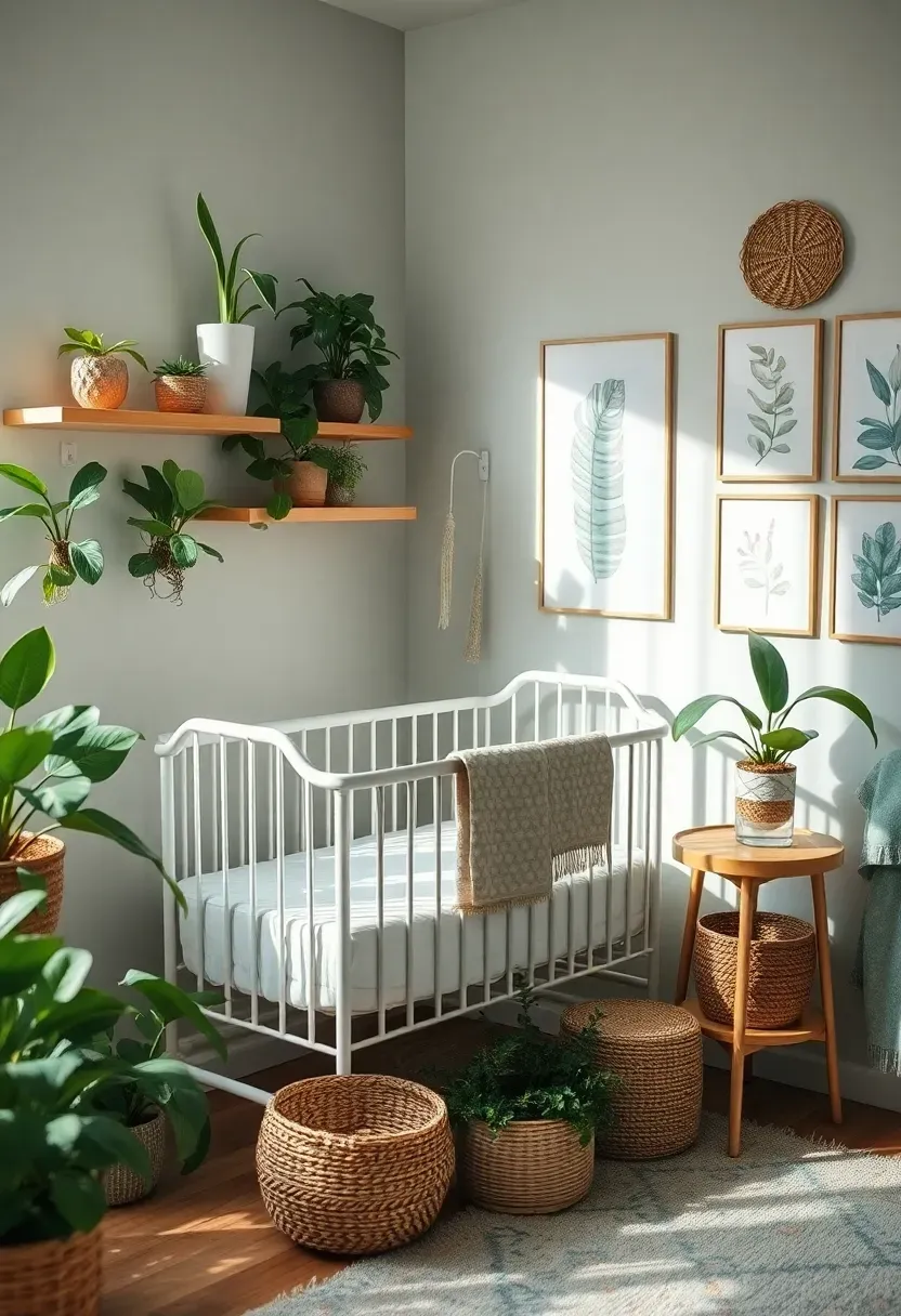 Greenery-inspired nursery corner in rental bedroom with snake plant on floating shelf, white bassinet, and framed vintage botanical print